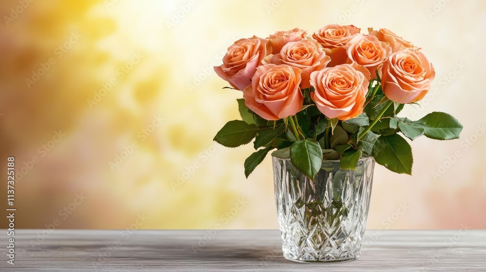 Valentine rose idea. A beautiful bouquet of orange roses in a crystal vase, showcasing elegance and warmth. Valentine rose idea. A beautiful bouquet of orange roses in a crystal vase, showcasing elegance and warmth.