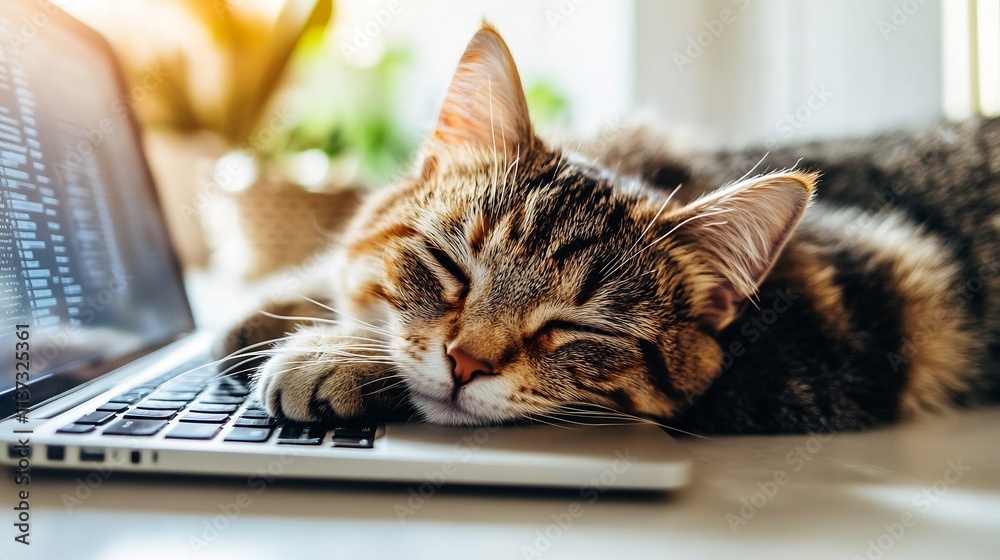Tabby cat napping peacefully on a laptop keyboard. Tabby cat napping peacefully on a laptop keyboard.