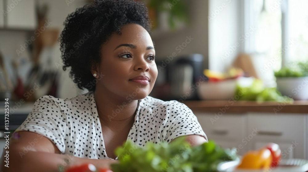 A woman is sitting at a table with a plate of vegetables in front of her A woman is sitting at a table with a plate of vegetables in front of her