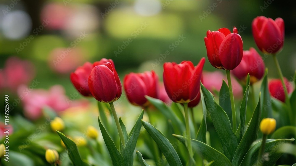 A vibrant display of red tulips surrounded by lush greenery. A vibrant display of red tulips surrounded by lush greenery.