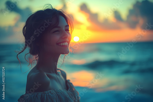 Woman Smiles at Sunset Ocean View, Serene Coastal Beauty, Golden Hour Happiness