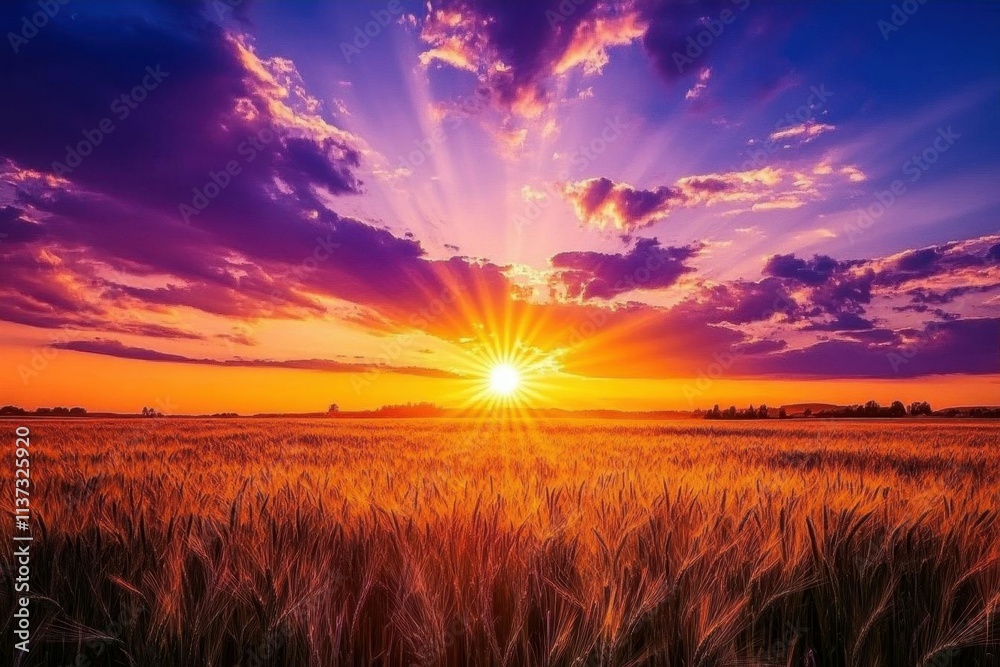 Fototapeta premium A vibrant sunset over a golden wheat field, showcasing nature's beauty.
