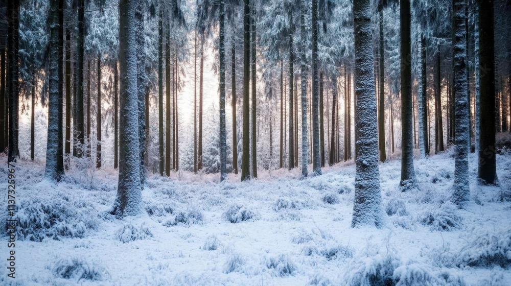 A serene winter forest scene with snow-covered trees and soft light. A serene winter forest scene with snow-covered trees and soft light.