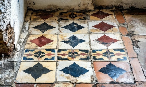 Colorful patterned tiles on a floor, showcasing intricate designs.