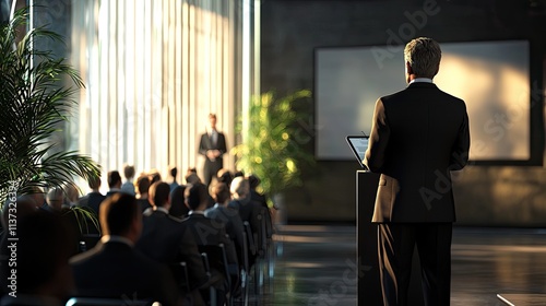 A business professional delivers an engaging presentation to a large audience in a modern corporate setting, promoting essential communication and networking opportunitie photo