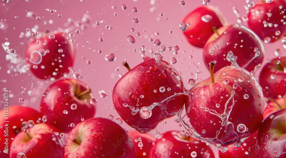 Fresh red apples splashing in water against a pink background. Fresh red apples splashing in water against a pink background.