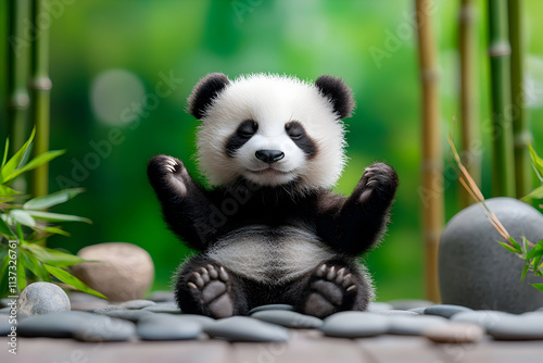 Adorable Panda Cub Meditates Serene, Peaceful Bamboo Forest Background Image