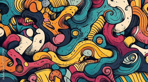 Abstract colorful swirls and shapes, vibrant doodle art background.