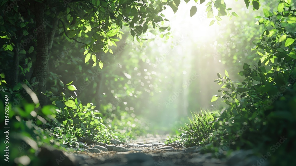 Fototapeta premium Discover a tranquil forest path where sunlight filters through lush green leaves, creating a serene atmosphere perfect for nature lovers and outdoor enthusiasts.