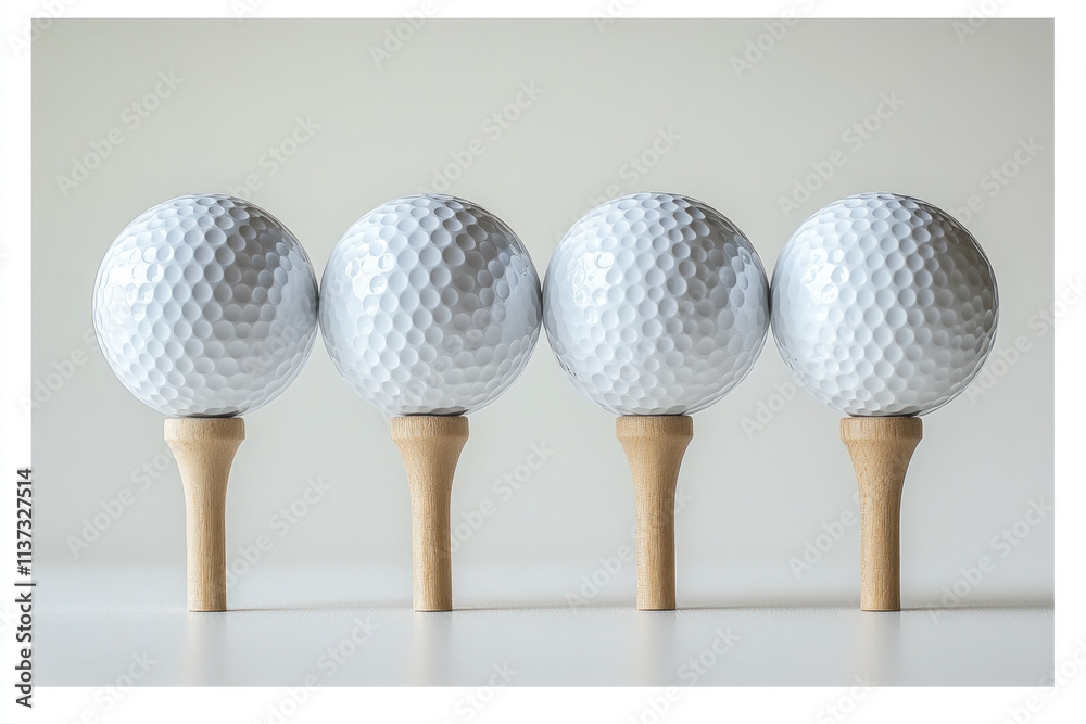 Three golf balls on wooden tees against lush green fairway under sunny skies. Three golf balls on wooden tees against lush green fairway under sunny skies.