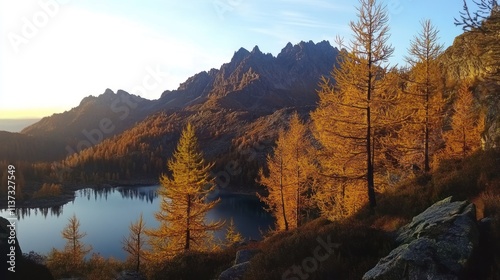 Golden Hour Serenity: Breathtaking Alpine Lake Nestled Amongst Autumnal Larch Trees and Majestic Mountain Peaks in the Italian Alps