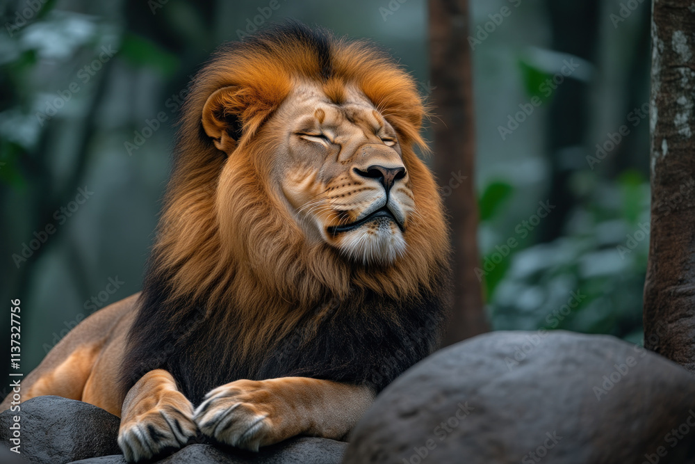 Fototapeta premium Majestic male lion resting with eyes closed.