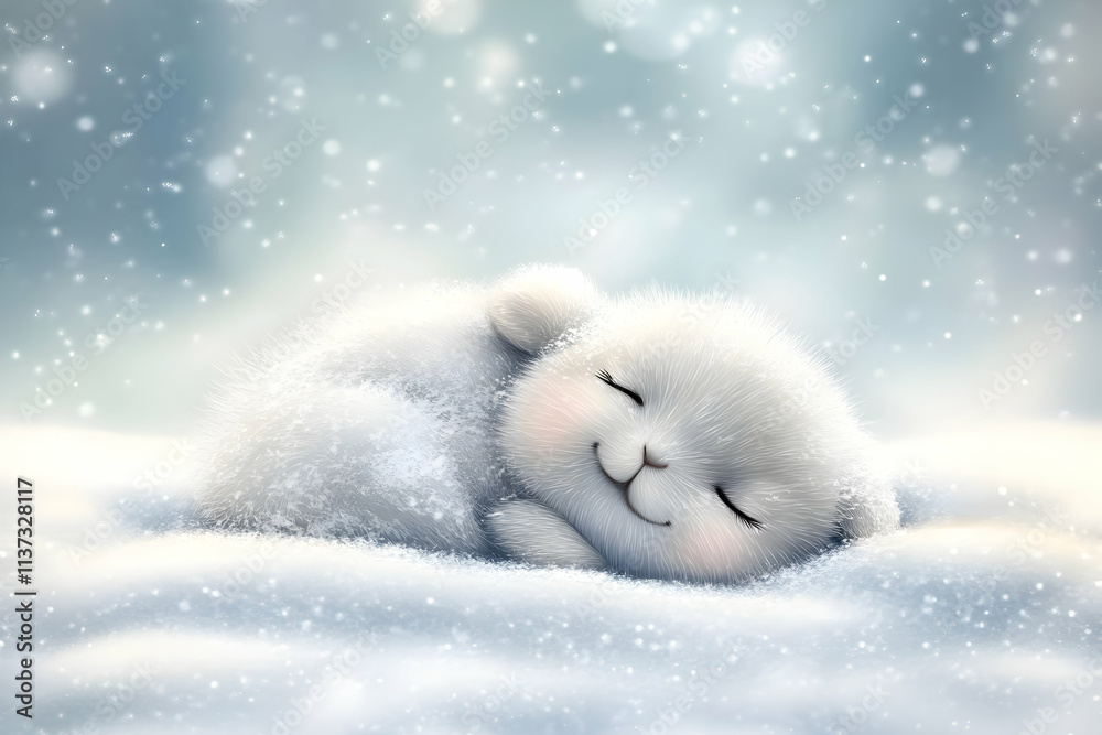 Cute fluffy bunny sleeping peacefully in soft snow during snowfall. Cute fluffy bunny sleeping peacefully in soft snow during snowfall.