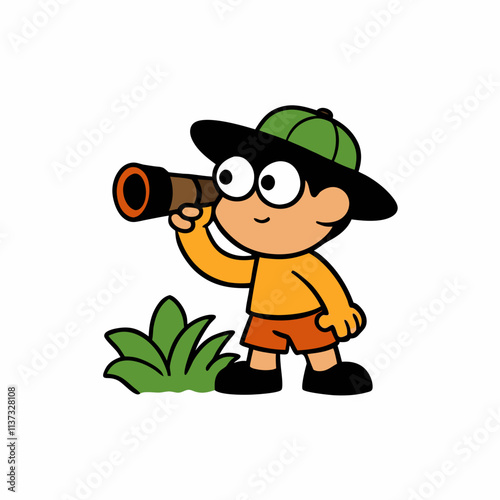 a kid exploring a jungle with binoculars cartoon
