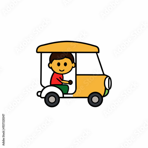 a kid riding in a tuk tuk through a busy market