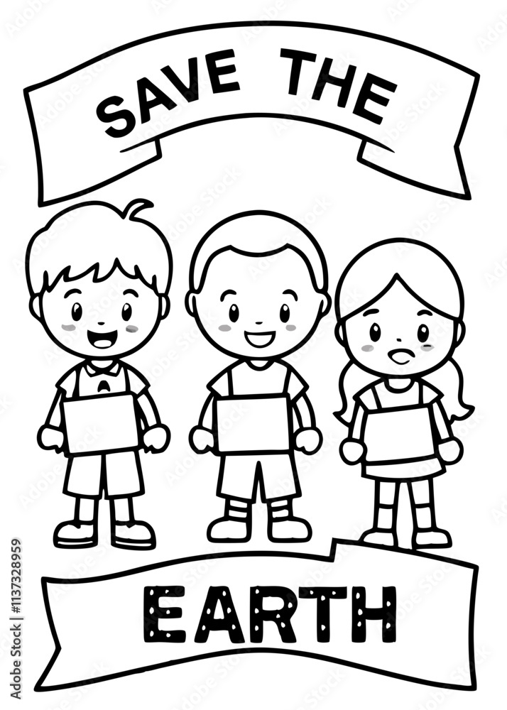 climate hero a group of kids holding banners climate change Line Art coloring book Vector design climate hero a group of kids holding banners climate change Line Art coloring book Vector design