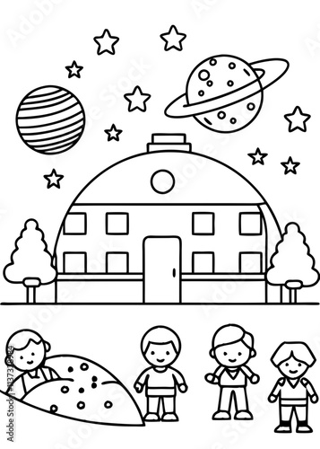 mars lands school draw school where kids lear Mars mission Line Art coloring book vector design
