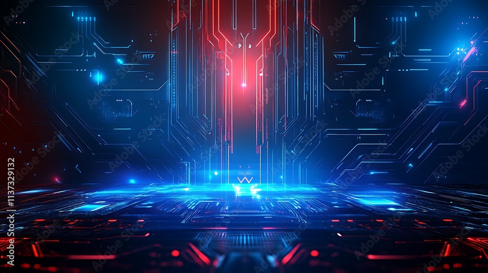 Obraz premium Futuristic Abstract Technology Background with Neon Lights and Circuit Patterns in Blue and Red Hues