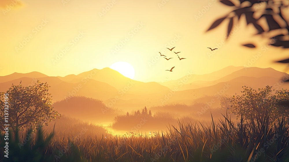 Fototapeta premium Stunning view of sunrise casting soft light over layered hills, creating a peaceful atmosphere in a radiant natural landscape. A perfect backdrop for nature lovers and ad