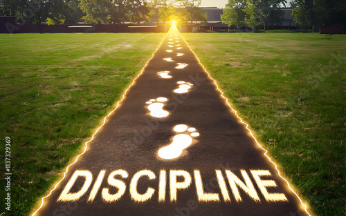 The Path of Discipline: A glowing path stretches towards a radiant sunrise, marked by footprints symbolizing the journey of self-discipline and the pursuit of goals. photo