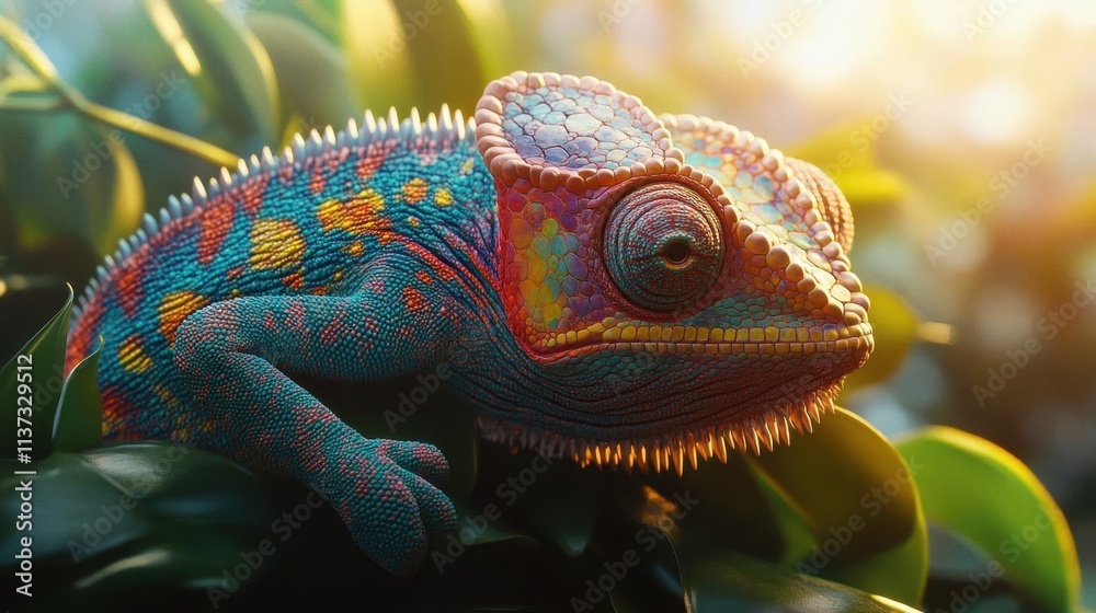 A vibrant chameleon resting on leaves, showcasing its colorful skin. A vibrant chameleon resting on leaves, showcasing its colorful skin.