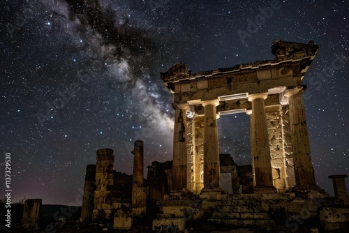 Ancient ruins under a starry sky, showcasing celestial beauty.