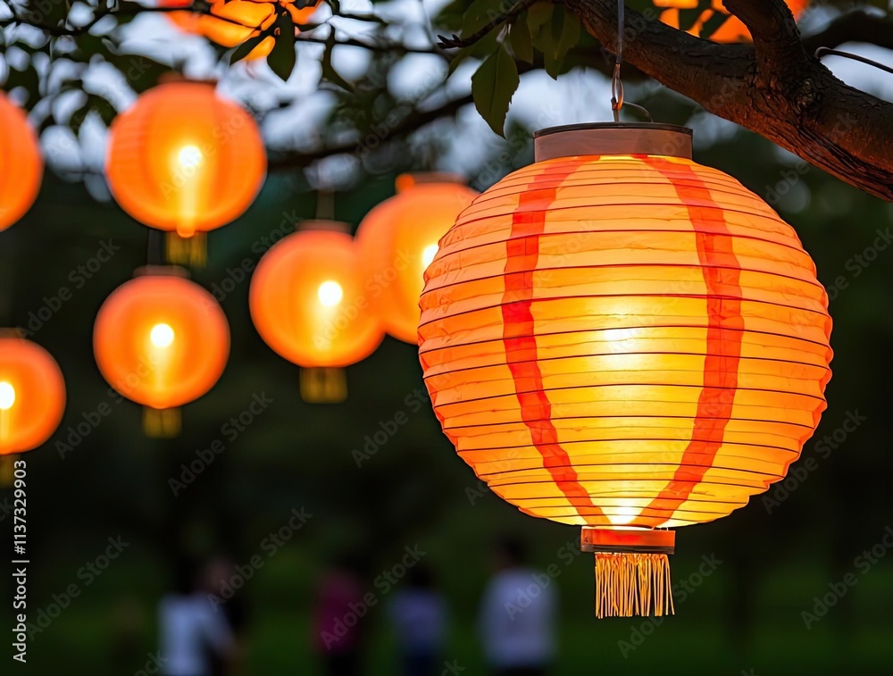 Obraz premium Chinese lanterns concept. Beautifully illuminated lanterns hanging in a serene outdoor setting during twilight.