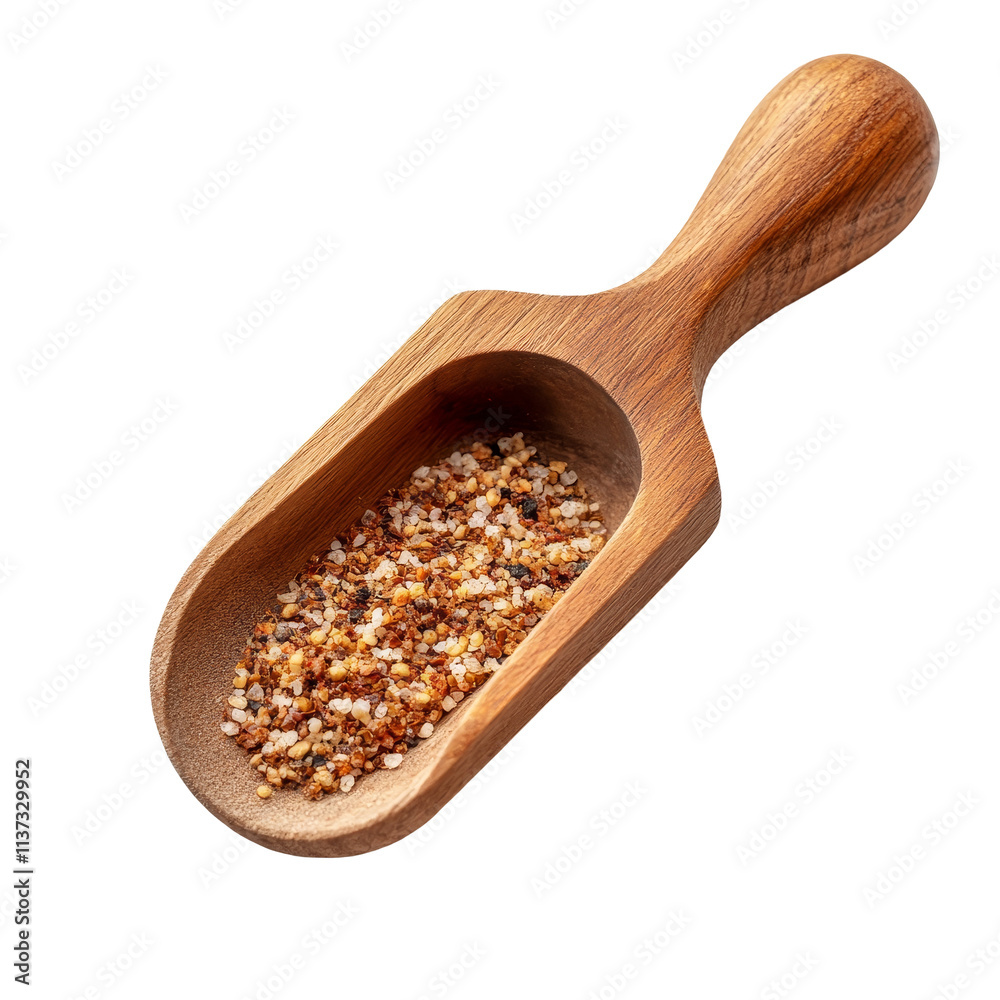 An isolated wooden cooking scoop filled with seasoning on a plain background for culinary purposes, Isolated wooden cooking seasoning scoop