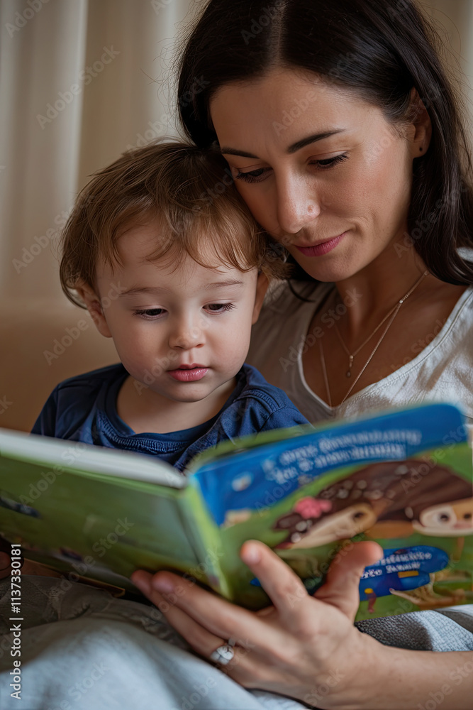 Mother and child reading a storybook in bed, sharing a quiet and intimate moment Mother and child reading a storybook in bed, sharing a quiet and intimate moment