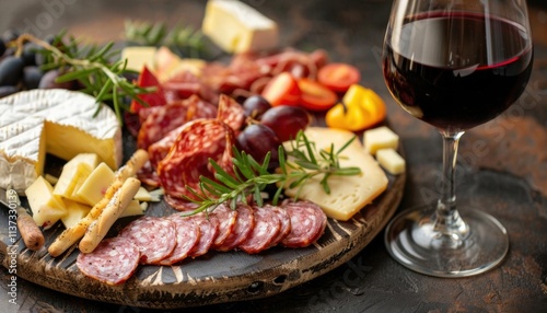 A charcuterie board with cheese, meats, grapes, and red wine.
