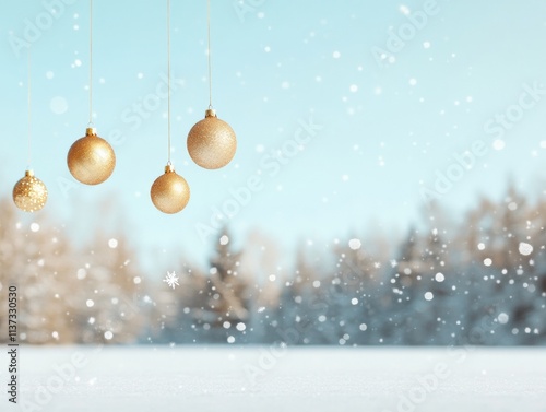Festive Elegance Snowy Forest at Dawn with Golden Ornaments for Christmas, Hanukkah, and New Years