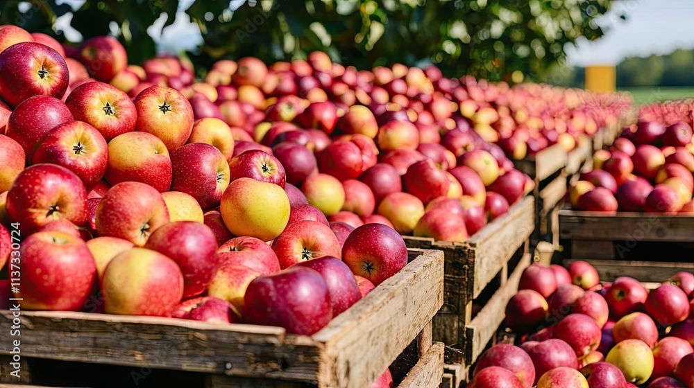 Apple harvest idea. Freshly harvested apples stacked in wooden crates at an orchard ready for sale. Apple harvest idea. Freshly harvested apples stacked in wooden crates at an orchard ready for sale.