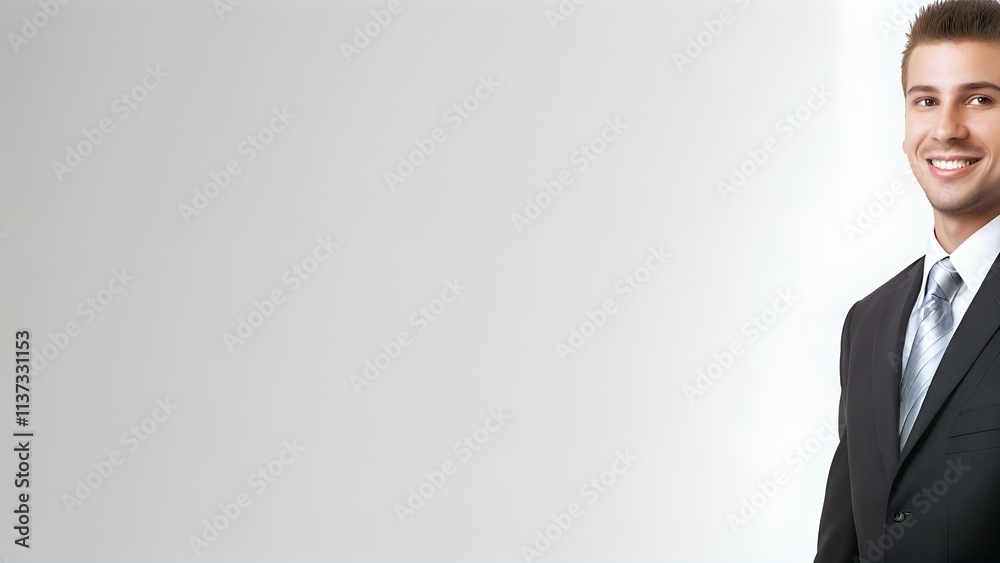 cheerful male employee stands to the right, leaving ample copyspace for adding text or creative designs cheerful male employee stands to the right, leaving ample copyspace for adding text or creative designs