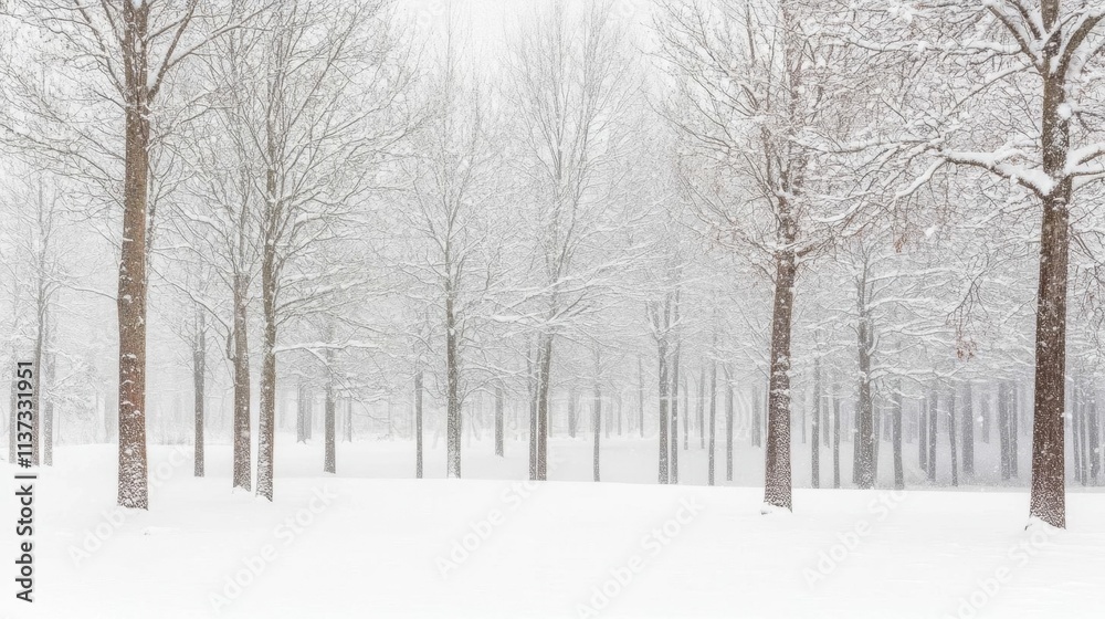 A serene winter landscape with snow-covered trees in a foggy atmosphere.