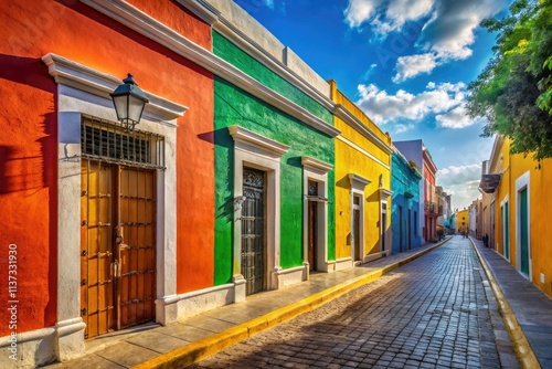 Campeche's historic center: vibrant facades stand empty, a colorful colonial scene bathed in sunlight.