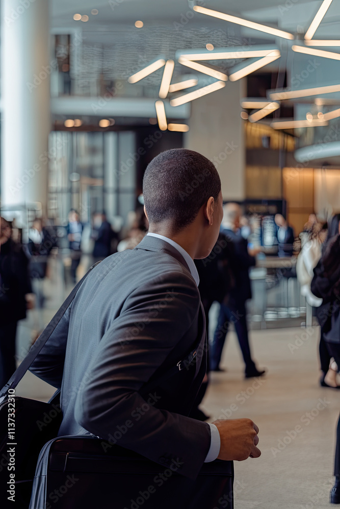 Professional rushing between meetings in a bustling corporate lobby Professional rushing between meetings in a bustling corporate lobby