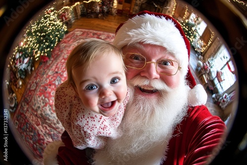 Festive season ad visual idea artwork for brochure and social apps use. Lively christmas, Ñute baby girl cheerful with santa claus. Santa claus christmas ad. Holiday event photos. photo