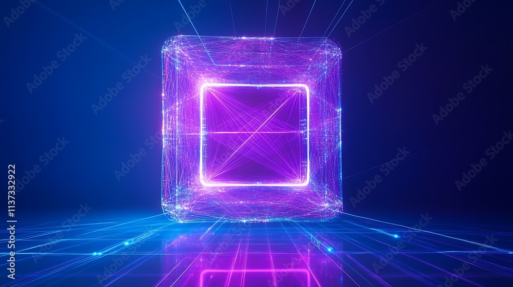 Neon Cube with Glowing Lines and Bright Light Effects in Futuristic Digital Space Neon Cube with Glowing Lines and Bright Light Effects in Futuristic Digital Space