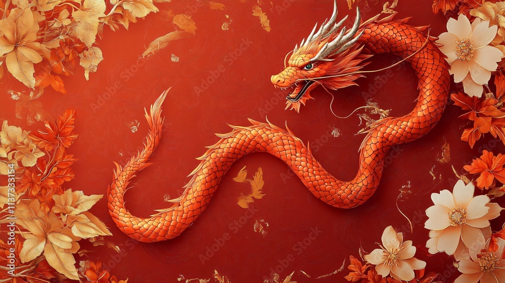 Obraz premium Intricate red dragon entwined with golden floral motifs, perfect for Chinese New Year celebrations or cultural events, offering elegance and mystique.