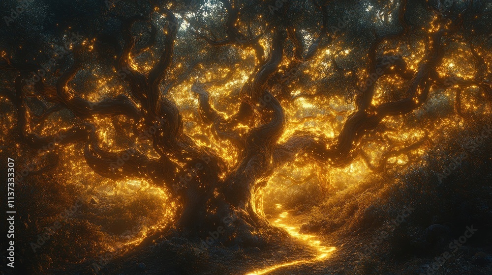 Obraz premium A mystical tree illuminated by golden light, surrounded by a winding path and lush foliage.