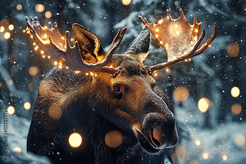 A moose with glowing antlers, decorated with fairy lights in a snowy forest photo