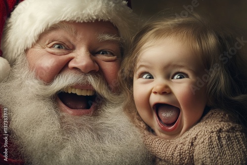 Christmas season season promotion design idea picture for media and social media use. Happy christmas, Ñute baby girl delight with santa claus. Merry holiday graphics. Santa claus photo joy. photo