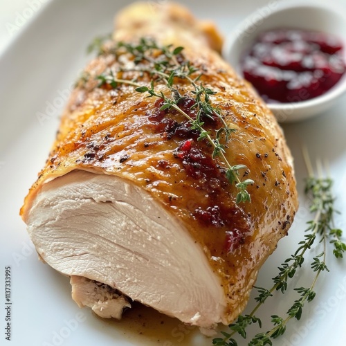 A perfectly roasted turkey breast with crispy skin, garnished with fresh thyme and served with a side of cranberry sauce, Turkey breast centered on a minimalist white platter photo