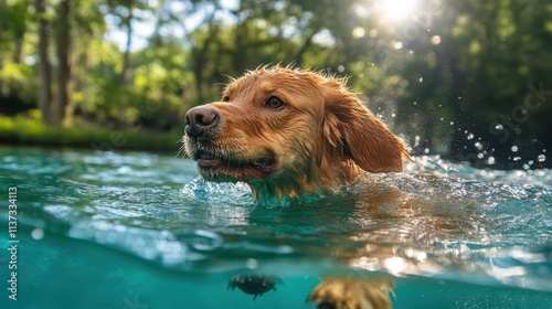 Energetic Golden Retriever in vibrant lake scenery photo