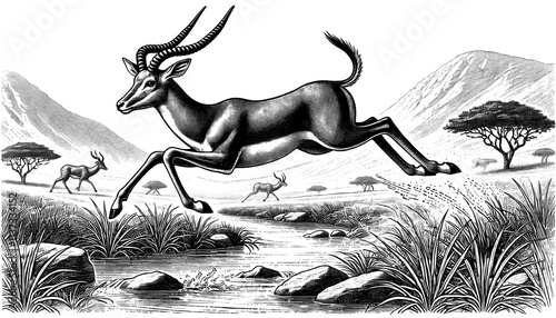 A determined antelope leaping across a stream, line sketch engraving.