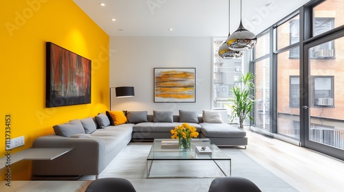 Modern Living Room Interior Design with Yellow Accent Wall and Gray Sectional Sofa photo