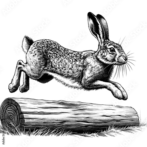 A fast hare jumping over a log, line sketch engraving. photo