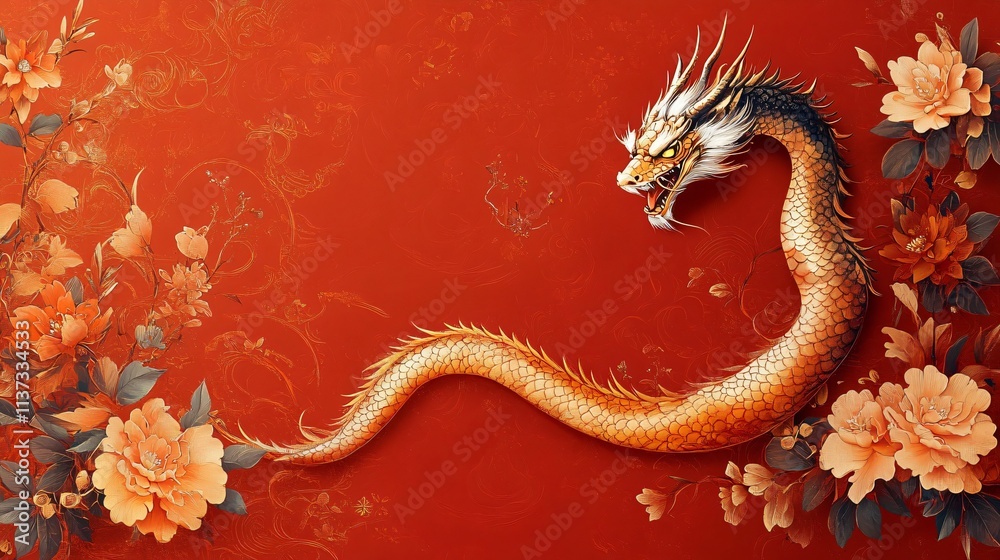 Obraz premium A stunning digital illustration of a red dragon entwined among golden floral motifs, perfect for celebrations like Lunar New Year or for cultural decor.
