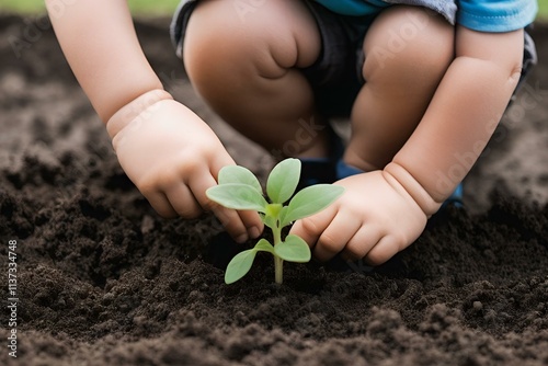 A Little boy planting a sprout