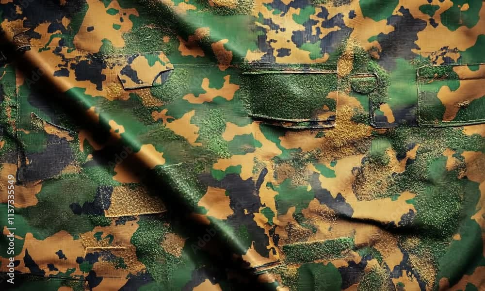 A close-up of a textured camouflage fabric featuring green and brown patterns.